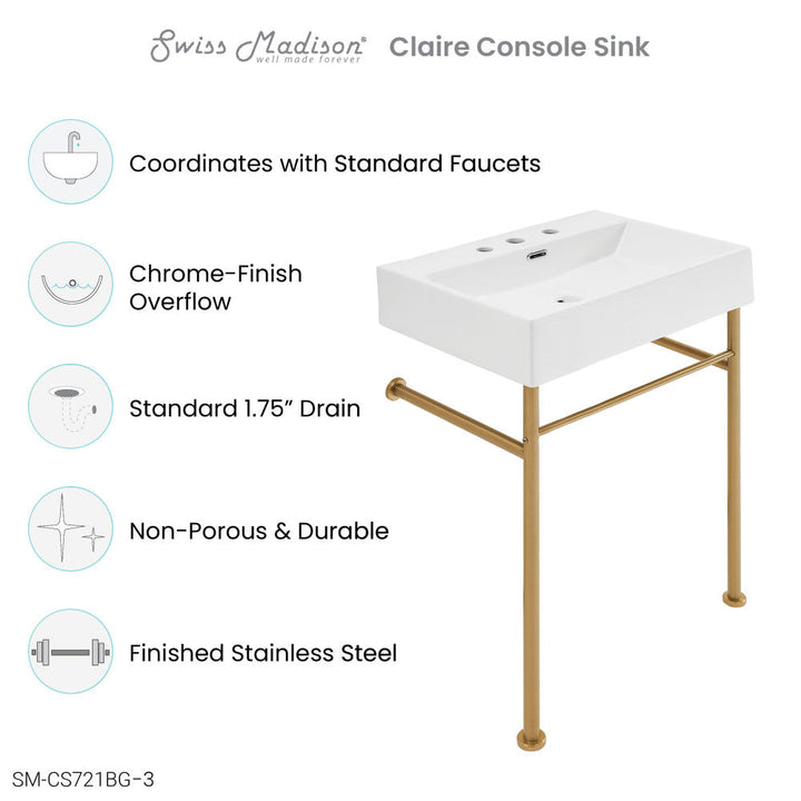 Claire 24" Console Sink White Basin Brushed Gold Legs with 8" Widespread Holes