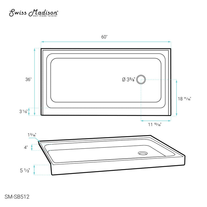 Voltaire 60" x 36" Acrylic White Single-Threshold, Right-Hand Drain, Shower Base