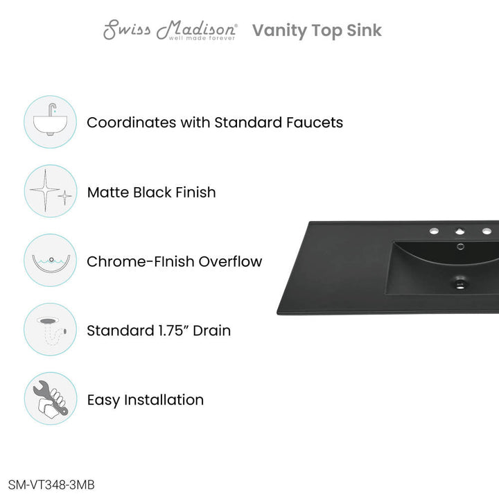 48" Ceramic Vanity Top with Three Faucet Holes in Matte Black