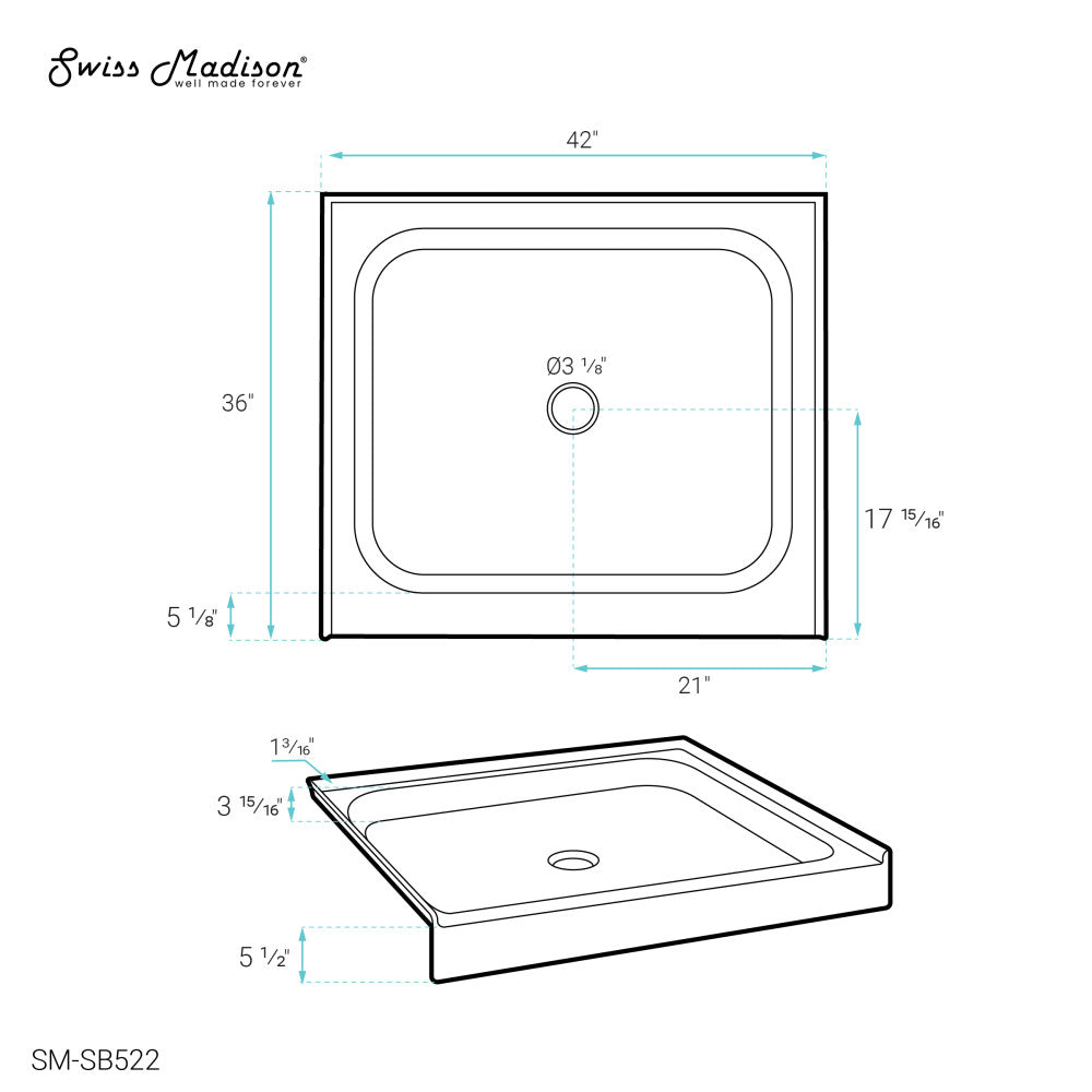 Voltaire 42" x 36" Acrylic White, Single-Threshold, Center Drain, Shower Base