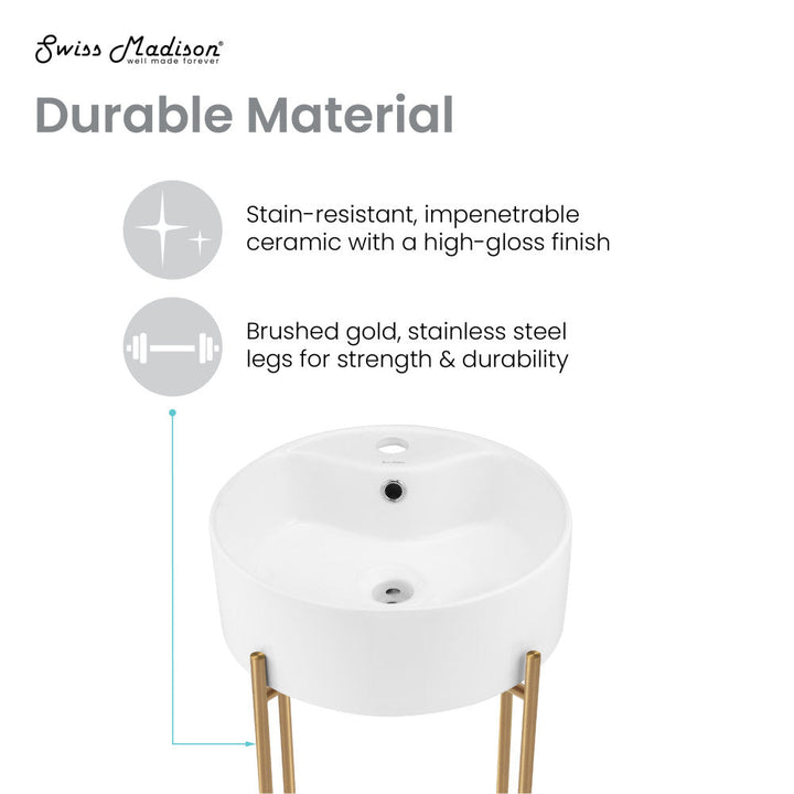 Monaco 15.75" Round Console Sink with Faucet Mount, White Basin Brushed Gold Legs