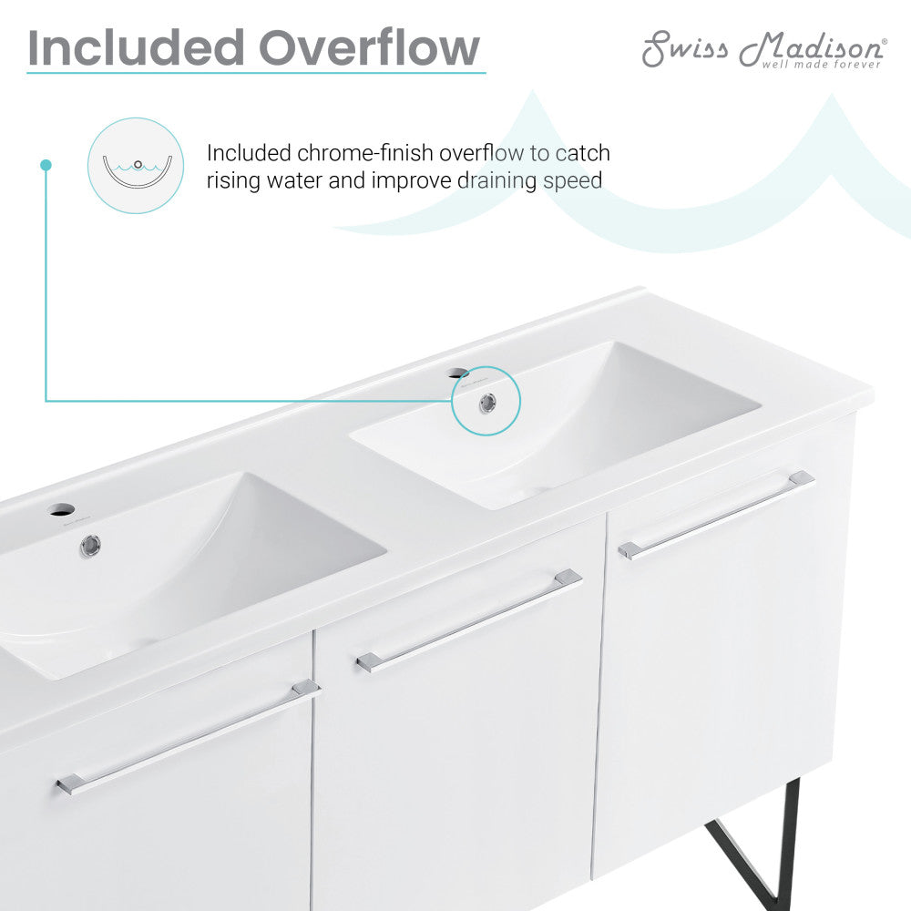 Annecy 60 Double, Glossy White, Two Doors, One Drawer, Bathroom Vanity