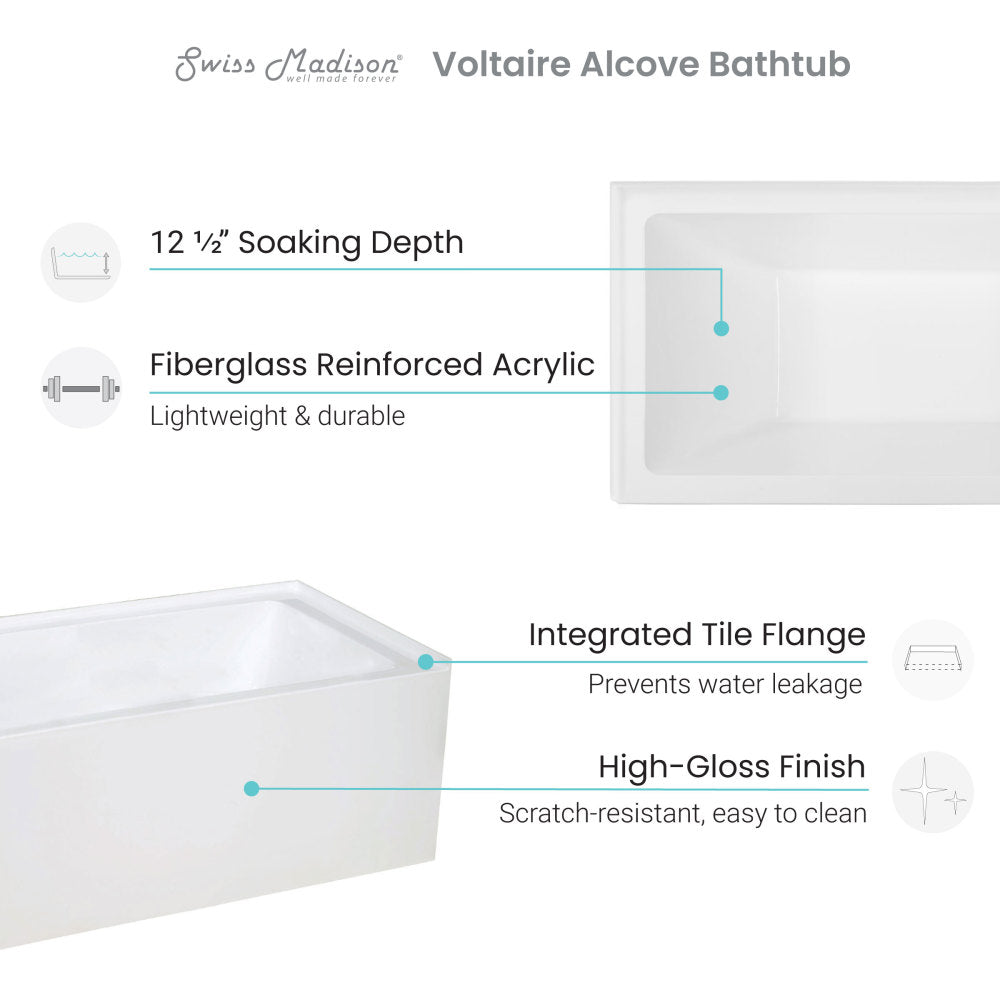Voltaire 48" x 32" Left-Hand Drain Alcove Bathtub with Apron