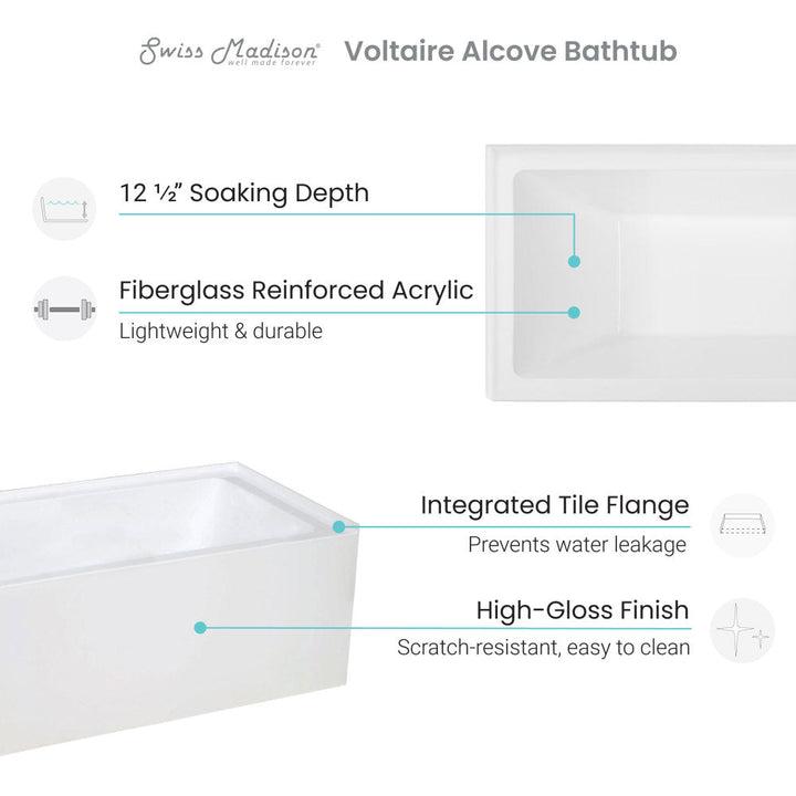Voltaire 48" x 32" Left-Hand Drain Alcove Bathtub with Apron