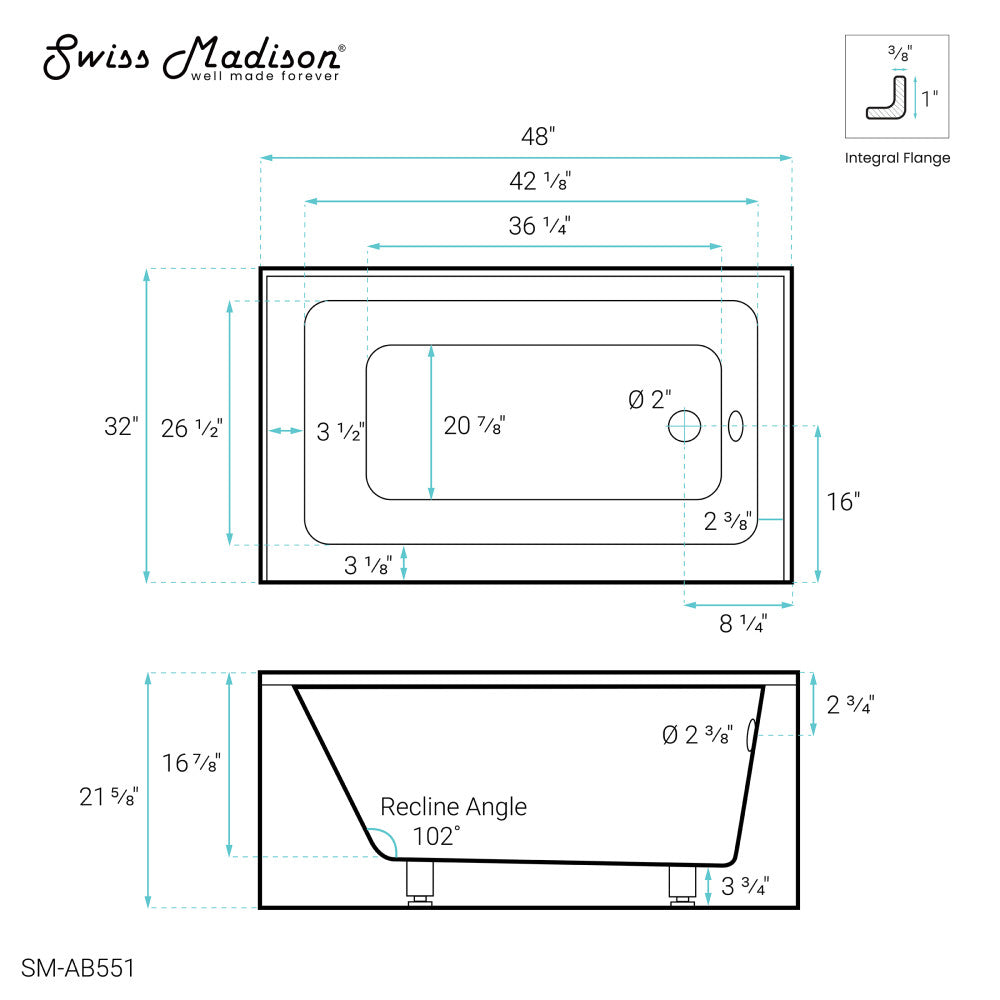 Voltaire 48" x 32" Right-Hand Drain Alcove Bathtub with Apron
