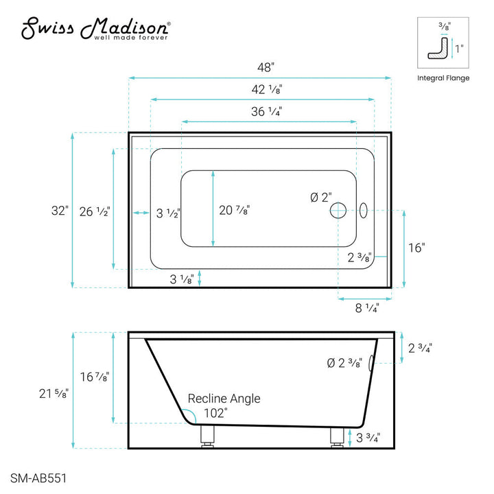 Voltaire 48" x 32" Right-Hand Drain Alcove Bathtub with Apron