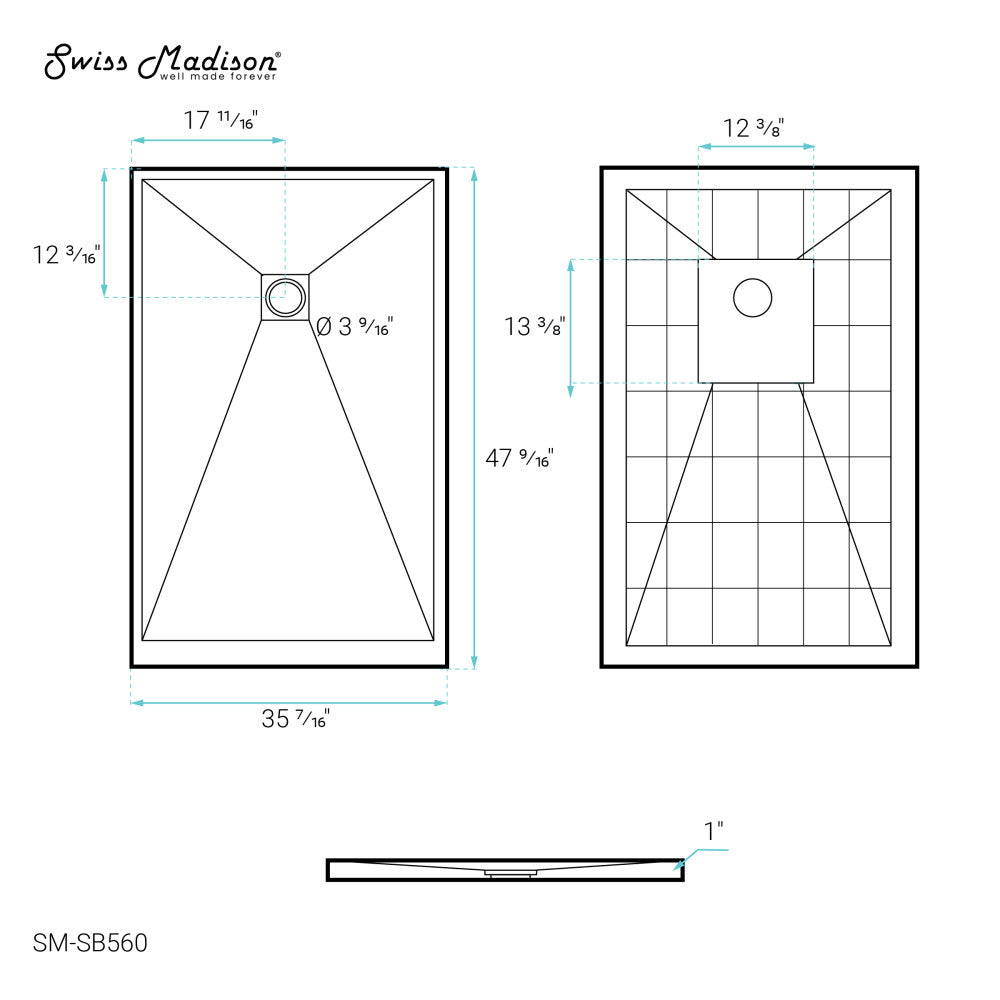 Terre P Series 48" x 36" Reversible Drain Shower Base