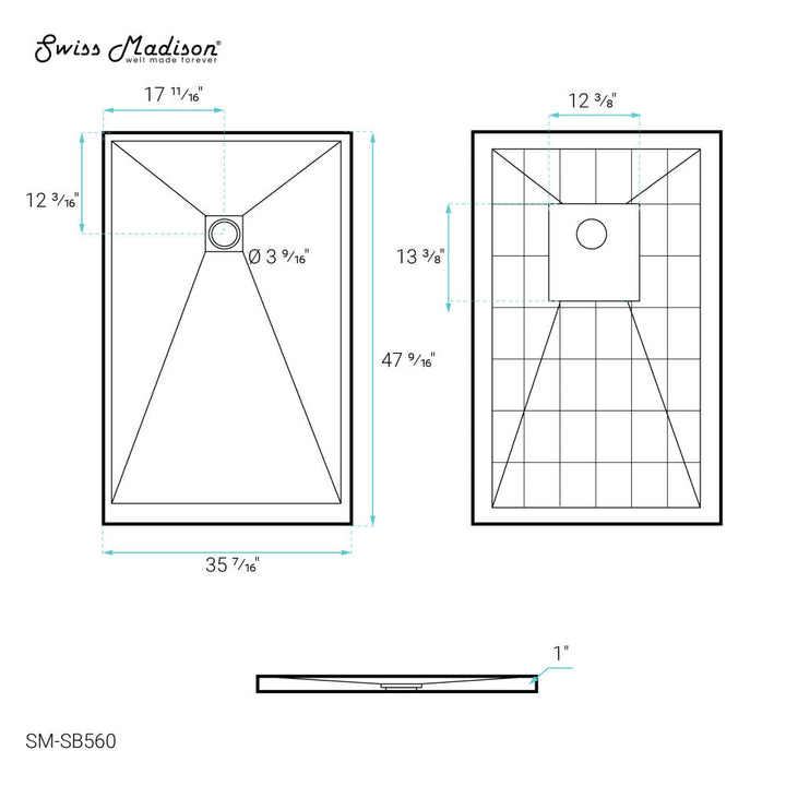 Terre P Series 48" x 36" Reversible Drain Shower Base