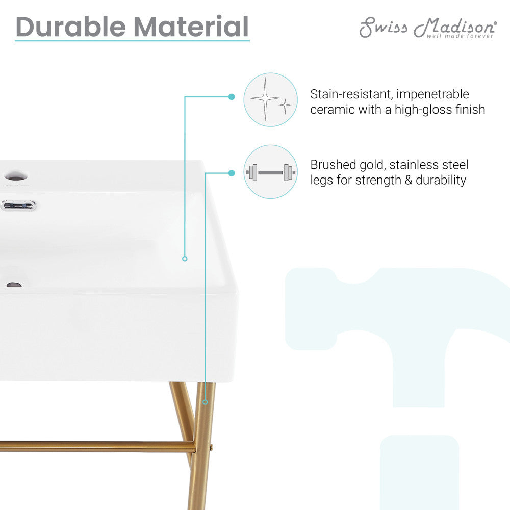 Claire 24 Ceramic Console Sink White Basin Brushed Gold Legs
