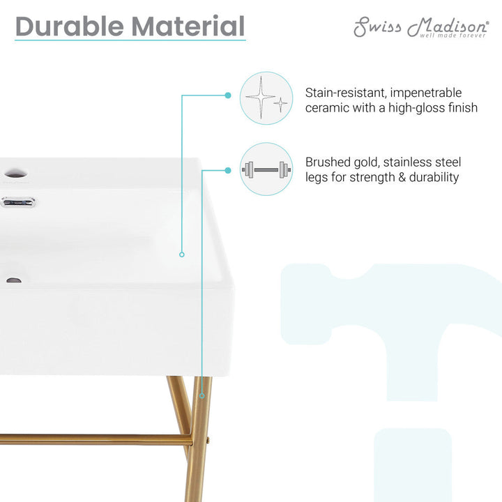 Claire 24 Ceramic Console Sink White Basin Brushed Gold Legs