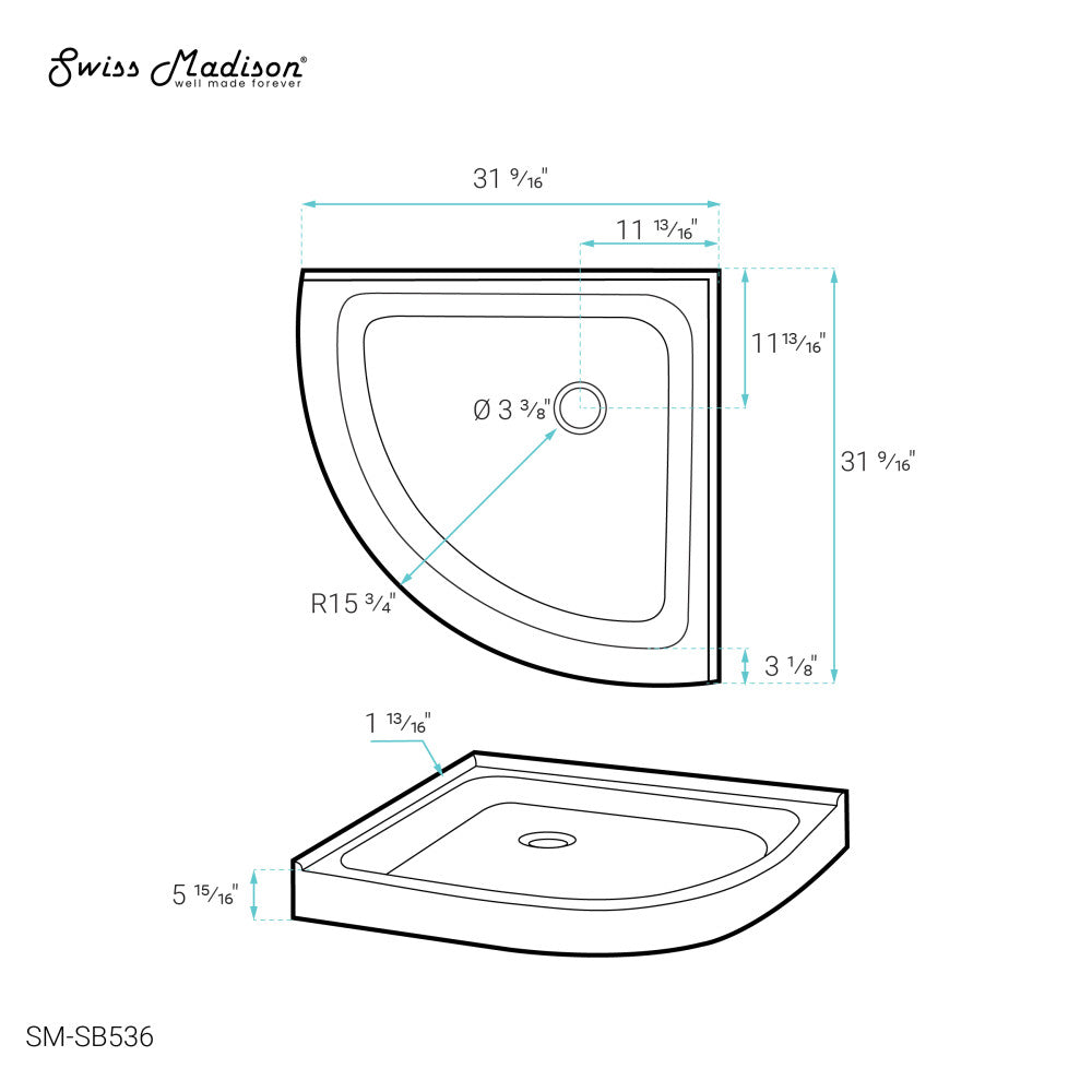 Voltaire 32" x 32" Acrylic White, Single-Threshold, Center Drain, Neo-angle Shower Base