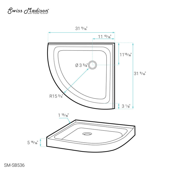 Voltaire 32" x 32" Acrylic White, Single-Threshold, Center Drain, Neo-angle Shower Base