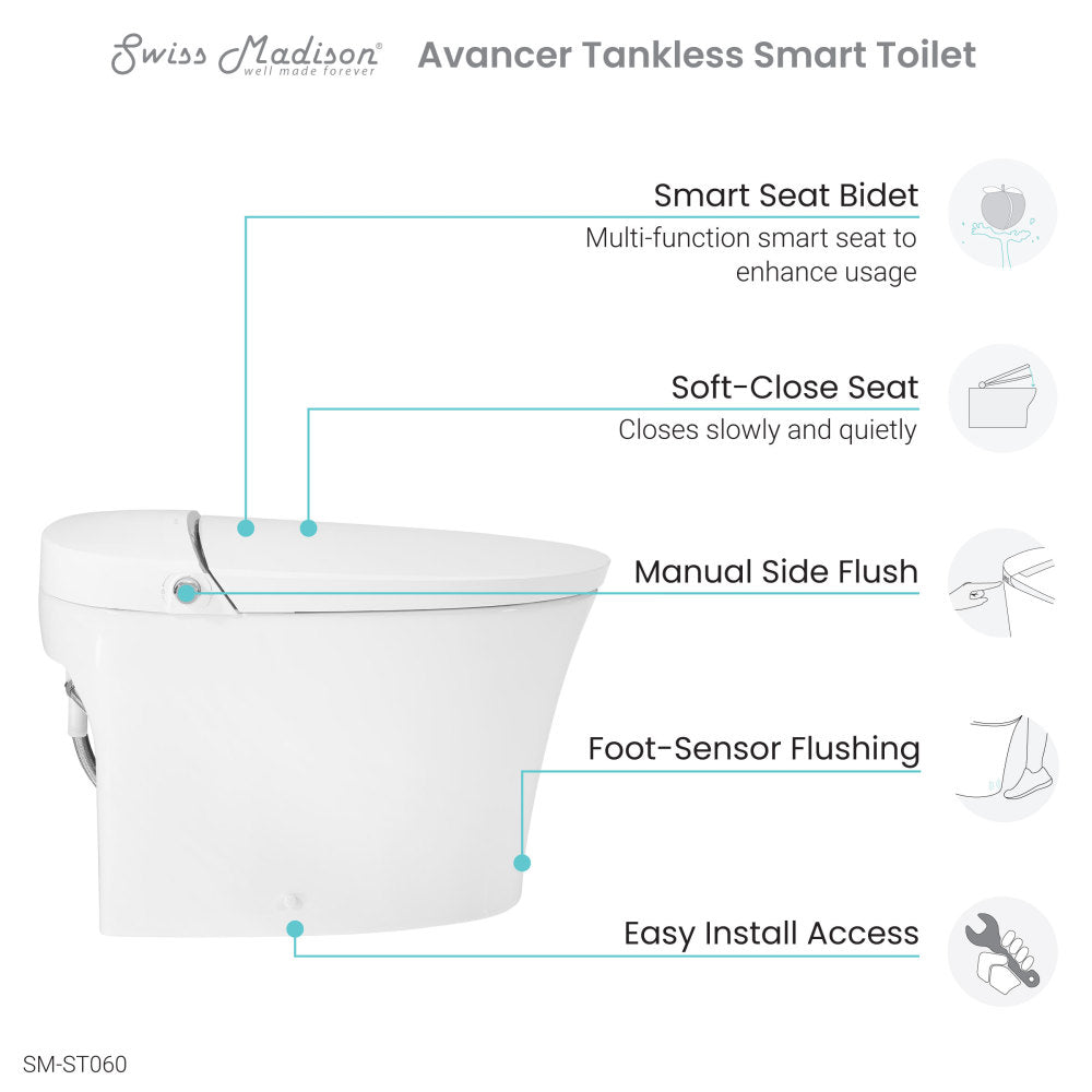Avancer Smart Tankless Elongated Toilet and Bidet, Touchless Vortex Dual-Flush 1.1/1.6 gpf