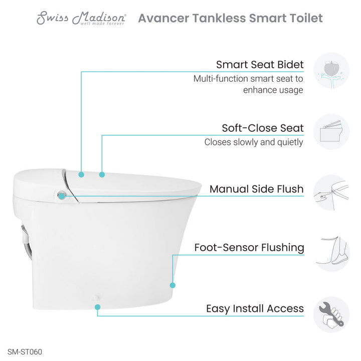 Avancer Smart Tankless Elongated Toilet and Bidet, Touchless Vortex Dual-Flush 1.1/1.6 gpf