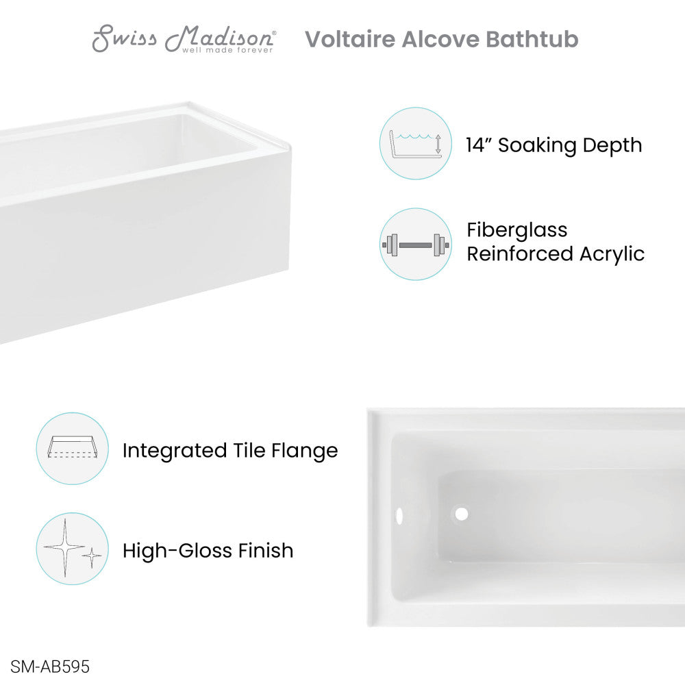 Voltaire 60" x 32" Left-Hand Drain Alcove Bathtub with Apron