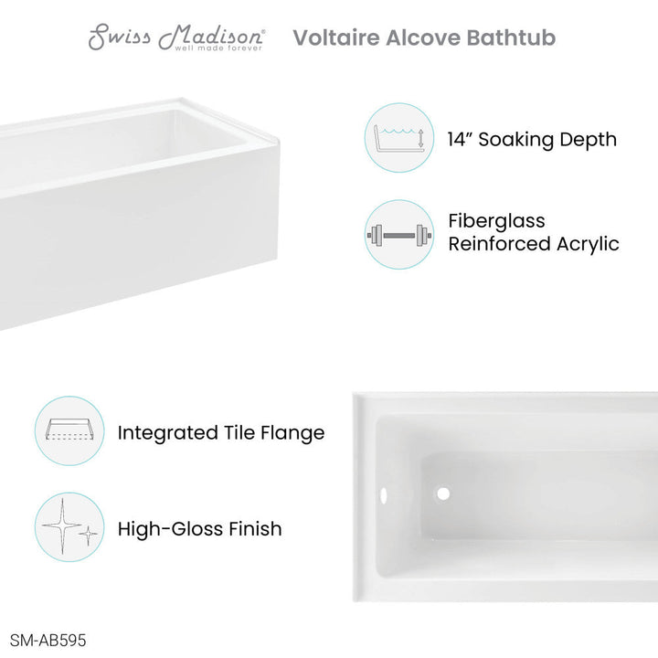 Voltaire 60" x 32" Left-Hand Drain Alcove Bathtub with Apron