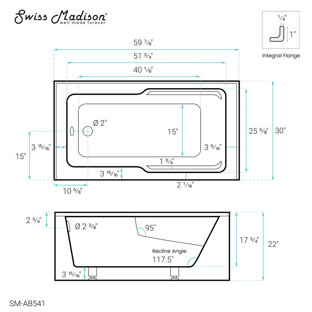 Voltaire 60" x 30" Left-Hand Drain Alcove Bathtub with Apron and Armrest