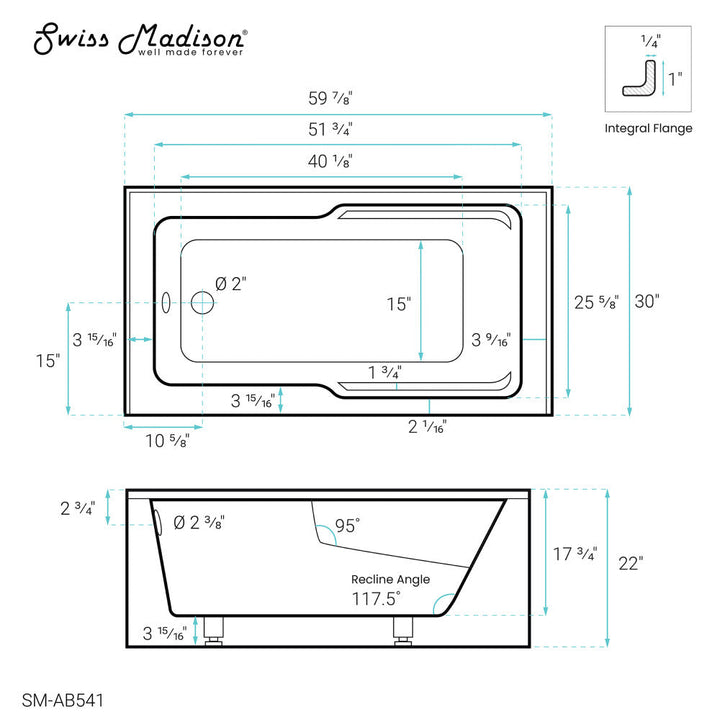 Voltaire 60" x 30" Left-Hand Drain Alcove Bathtub with Apron and Armrest