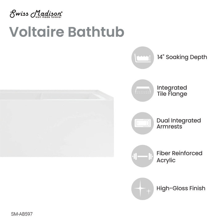 Voltaire 48" x 30" Right-Hand Drain Alcove Integrated Armrest Bathtub with Apron