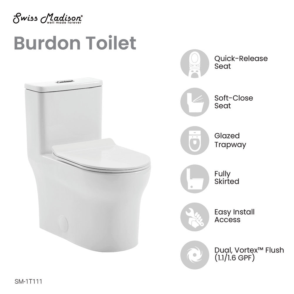 Burdon One-Piece Elongated Toilet Vortex Dual-Flush 1.1/1.6 gpf
