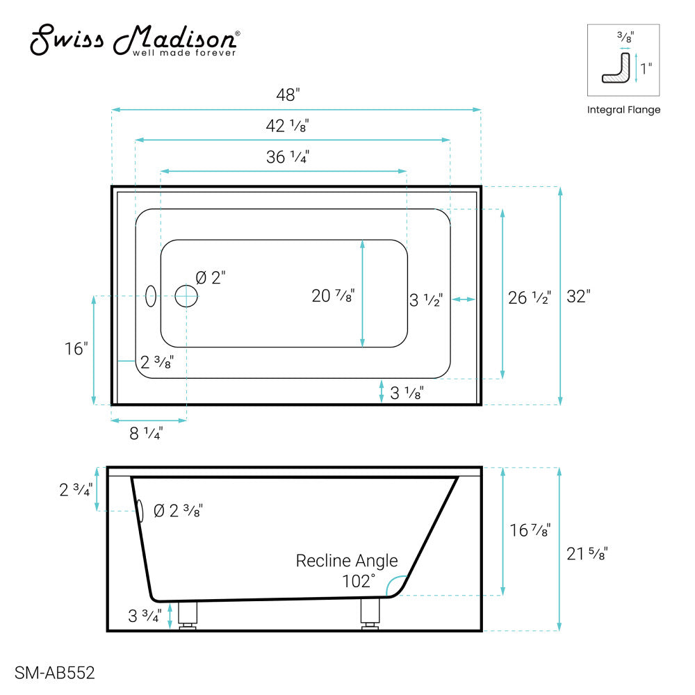 Voltaire 48" x 32" Left-Hand Drain Alcove Bathtub with Apron