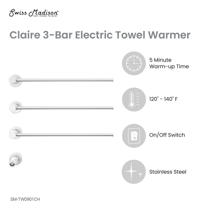 Claire 3-Bar Electric Towel Warmer in Chrome