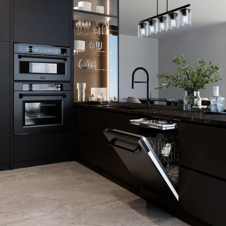 ZLINE Appliance Package - 48" Gas Range, Range Hood, 36" Refrigerator with Water/Ice Dispenser, 24" Microwave Drawer and Dishwasher in Black Stainless Steel