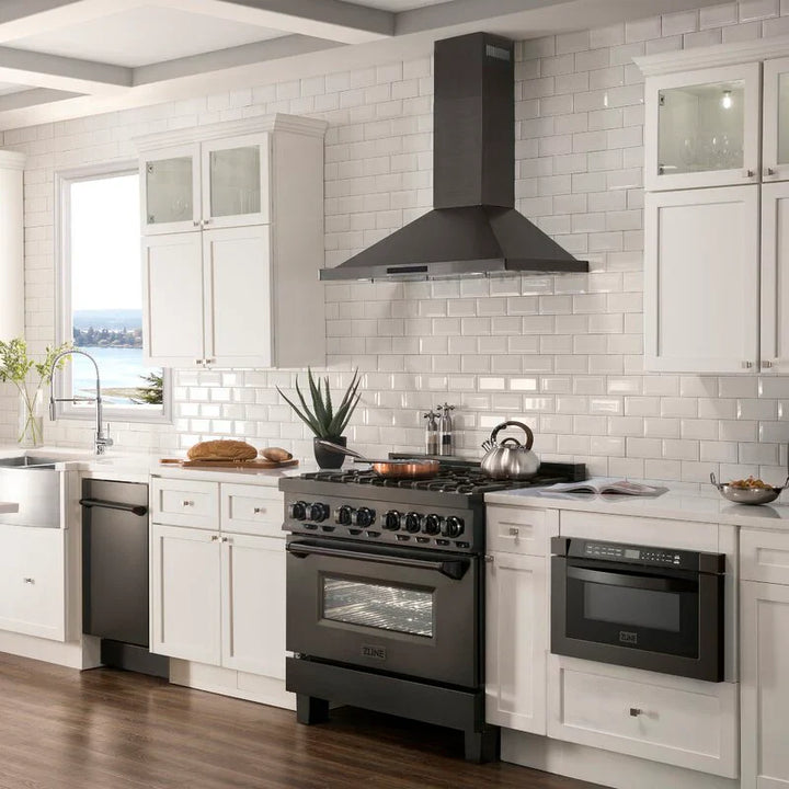 ZLINE Appliance Package - 36" Dual Fuel Range, Range Hood, 36" Refrigerator with Ice Maker, 24" Microwave Drawer and Dishwasher in Black Stainless Steel