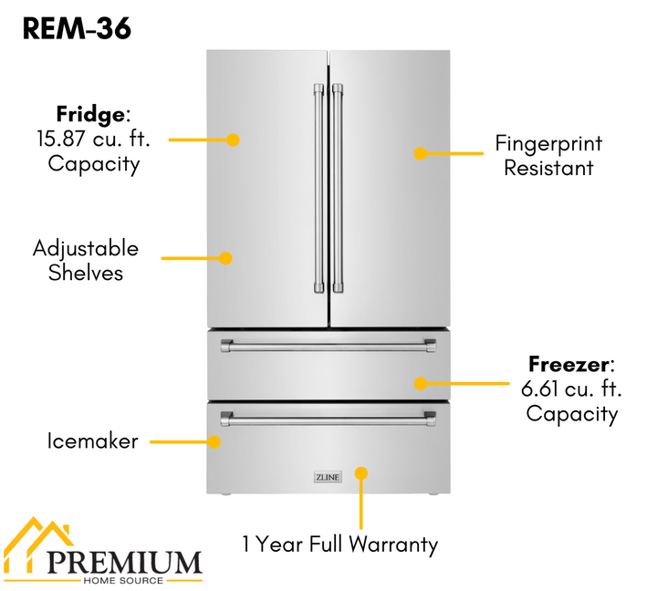 ZLINE Kitchen and Bath 36" Range, Range Hood, Microwave, Dishwasher & Refrigerator Appliance Package, 5KPR-RARH36-MWDWV