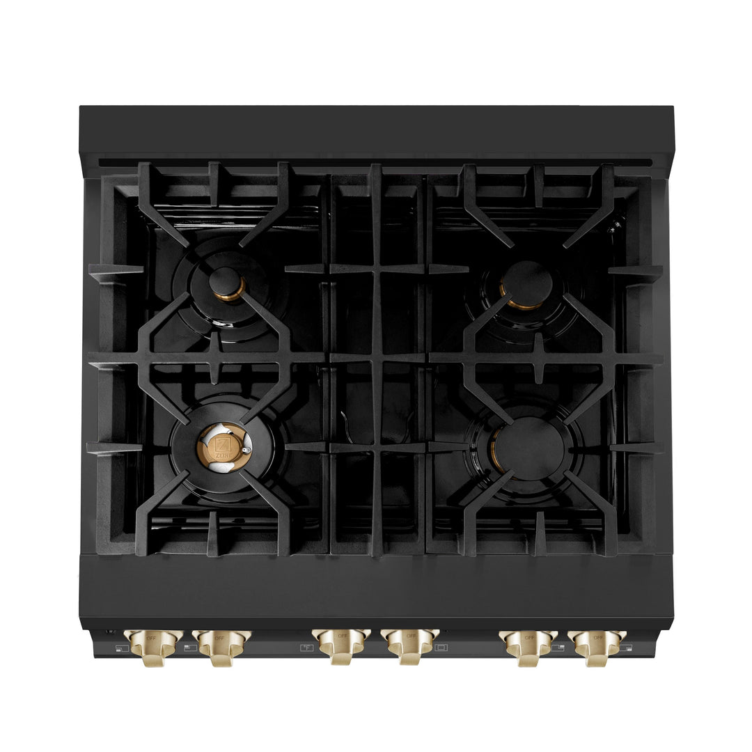 ZLINE Autograph 30" 4.0 cu. ft. Dual Fuel Range in Black Stainless Steel with Gold Accents, RABZ-30-G