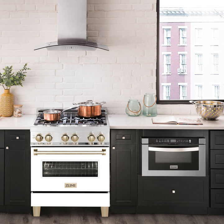 ZLINE Autograph 30" 4.0 cu. ft. Dual Fuel Range with White Matte Door and Gold Accents, RAZ-WM-30-G
