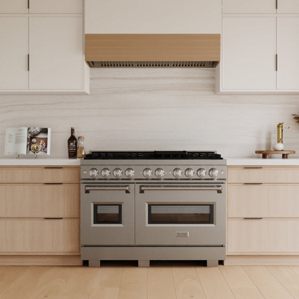 ZLINE 48" 6.7 cu. ft. Classic Double Oven Gas Range with 8 Burners in Stainless Steel with Black Matte Doors, CGR-BLM-48