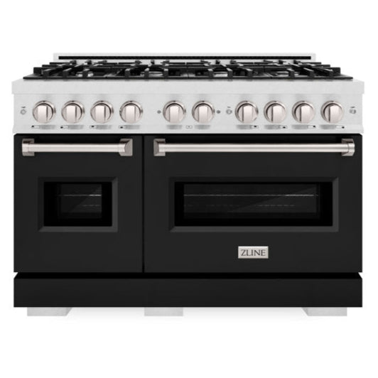 ZLINE 48" 6.7 cu. ft. Classic Double Oven Gas Range with 8 Burners in DuraSnow® Stainless Steel with Black Matte Doors, CGRS-BLM-48