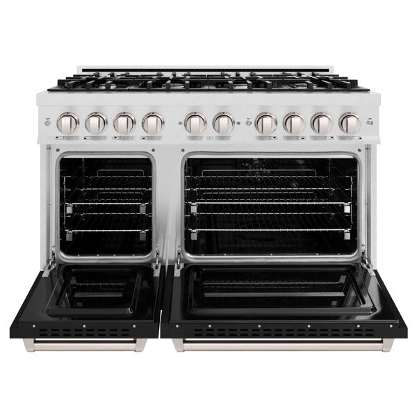 ZLINE 48" 6.7 cu. ft. Classic Double Oven Gas Range with 8 Burners in DuraSnow® Stainless Steel with Black Matte Doors, CGRS-BLM-48