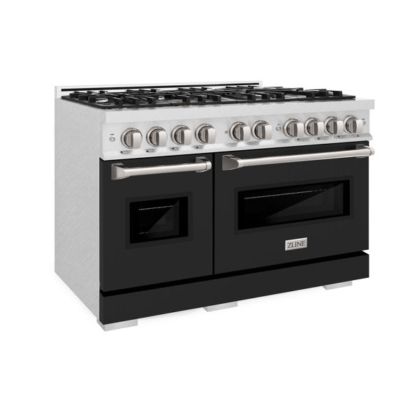 ZLINE 48" 6.7 cu. ft. Classic Double Oven Gas Range with 8 Burners in DuraSnow® Stainless Steel with Black Matte Doors, CGRS-BLM-48