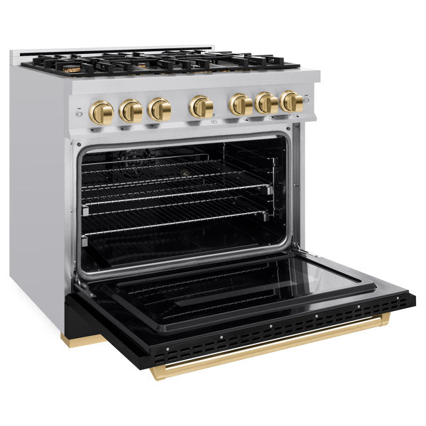 ZLINE Autograph 36" 5.2 cu. ft. Classic Dual Fuel Range with 6 Burners in Stainless Steel with Black Matte Door and Polished Gold Accents, CDRZ-BLM-36-G