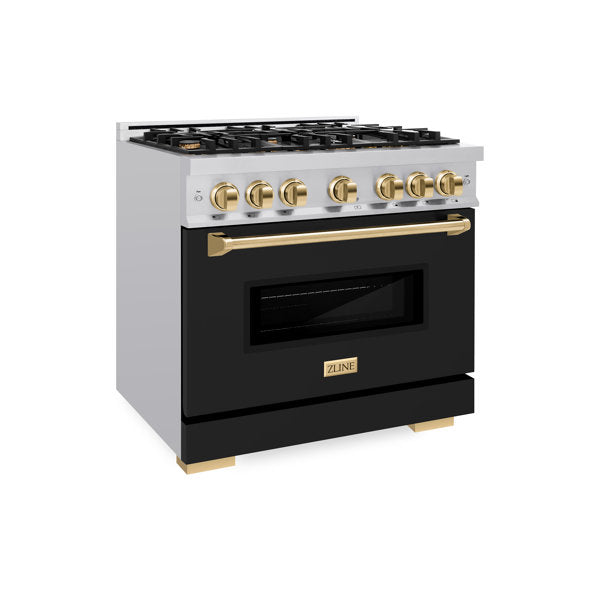 ZLINE Autograph 36" 5.2 cu. ft. Classic Dual Fuel Range with 6 Burners in Stainless Steel with Black Matte Door and Polished Gold Accents, CDRZ-BLM-36-G