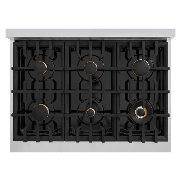 ZLINE Autograph 36" 5.2 cu. ft. Classic Dual Fuel Range with 6 Burners in Stainless Steel with Black Matte Door and Polished Gold Accents, CDRZ-BLM-36-G