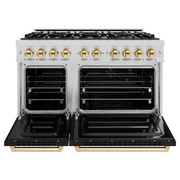 ZLINE Autograph 48" 6.7 cu. ft. Classic Double Oven Dual Fuel Range with 8 Burners in Stainless Steel with Black Matte Doors and Polished Gold Accents, CDRZ-BLM-48-G