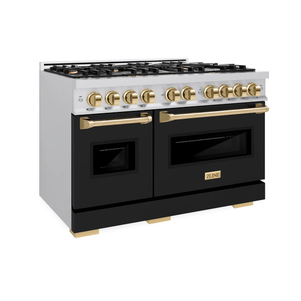 ZLINE Autograph 48" 6.7 cu. ft. Classic Double Oven Dual Fuel Range with 8 Burners in Stainless Steel with Black Matte Doors and Polished Gold Accents, CDRZ-BLM-48-G