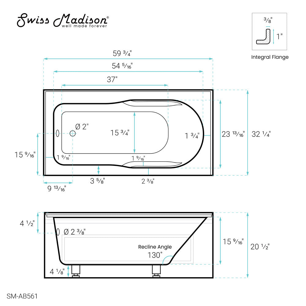 Concorde 60" x 32" Acrylic Glossy White, Alcove, Integral, Left-Hand Drain, Apron Bathtub