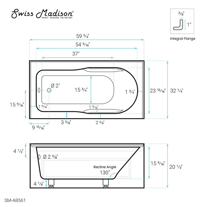 Concorde 60" x 32" Acrylic Glossy White, Alcove, Integral, Left-Hand Drain, Apron Bathtub