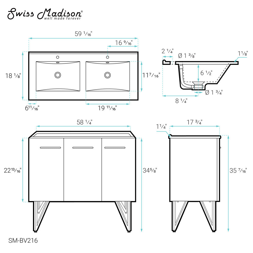 Annecy 60 Double, Glossy White, Two Doors, One Drawer, Bathroom Vanity