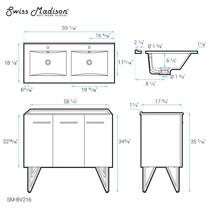 Annecy 60 Double, Glossy White, Two Doors, One Drawer, Bathroom Vanity