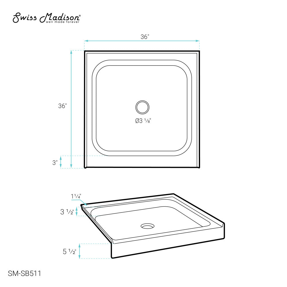 Voltaire 36" x 36" Acrylic White, Single-Threshold, Center Drain, Shower Base