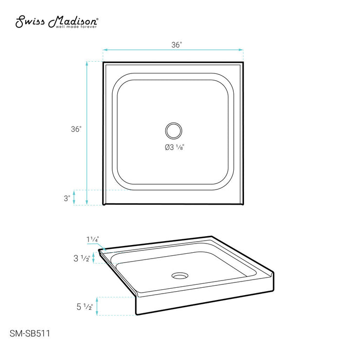 Voltaire 36" x 36" Acrylic White, Single-Threshold, Center Drain, Shower Base