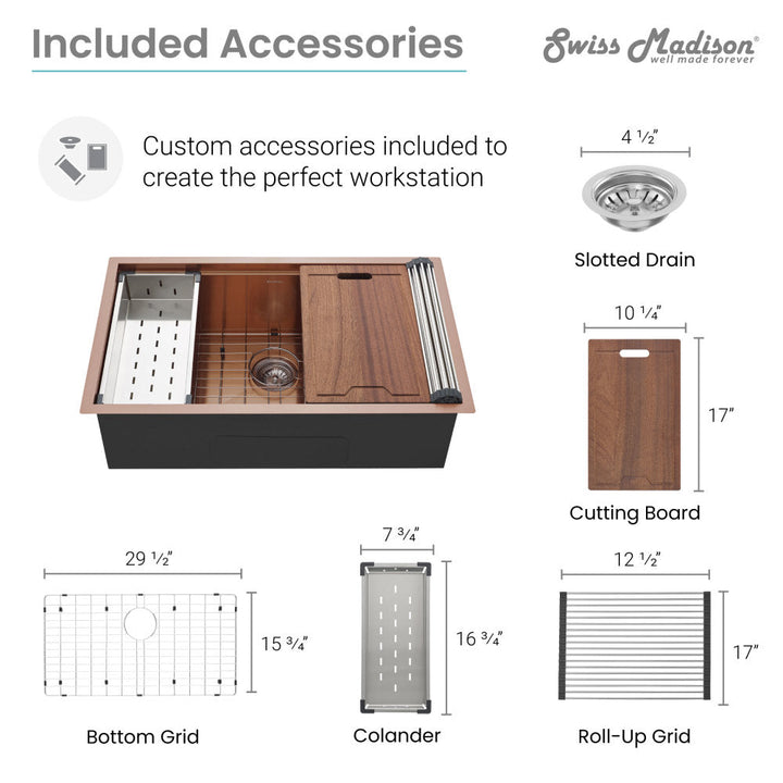 Tourner 32 x 19 Stainless Steel, Single Basin, Undermount Kitchen Workstation Sink in Rose Gold