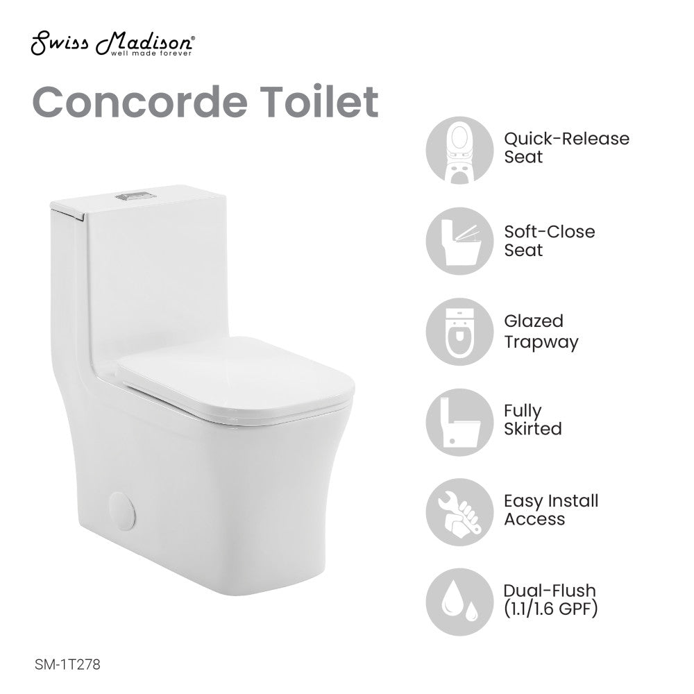 Concorde One Piece Square Toilet Dual Flush 1.1/1.6 gpf with 10" Rough In