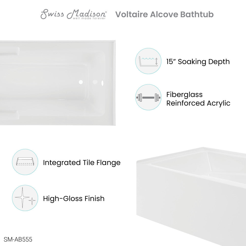 Voltaire 72" x 36" Right-Hand Drain Alcove Bathtub with Apron and Armrest