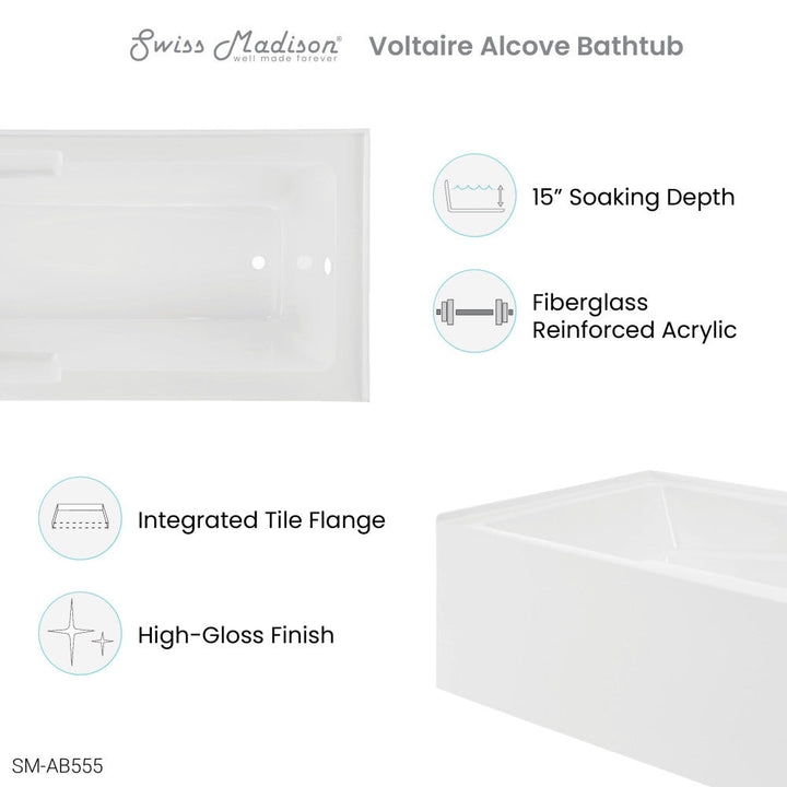Voltaire 72" x 36" Right-Hand Drain Alcove Bathtub with Apron and Armrest